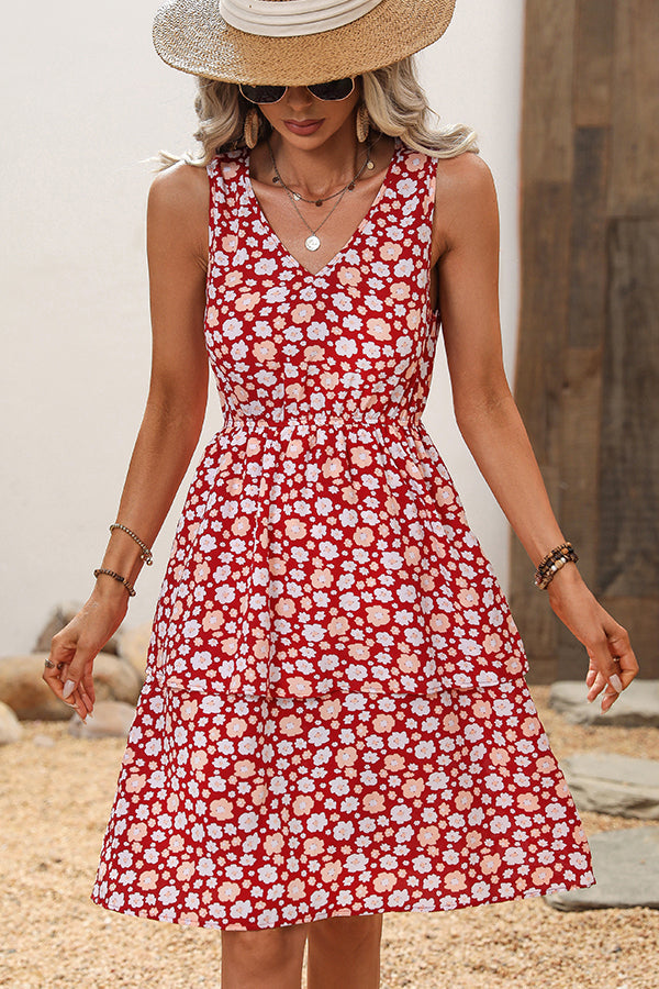 Floral Print Sleeveless Ruffled Dress