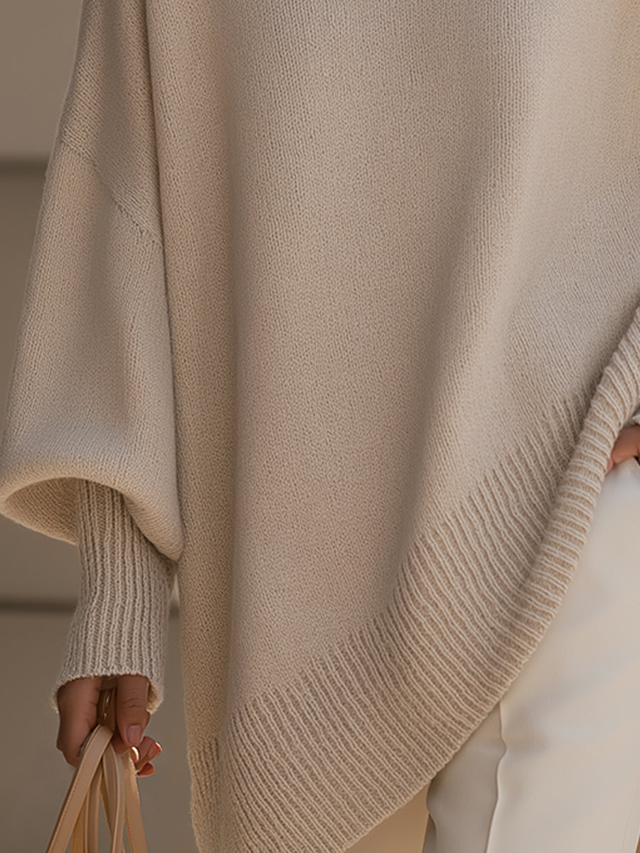 Mock Neck Batwing Sleeve Asymmetric Hem Oversized Poncho Sweater 7