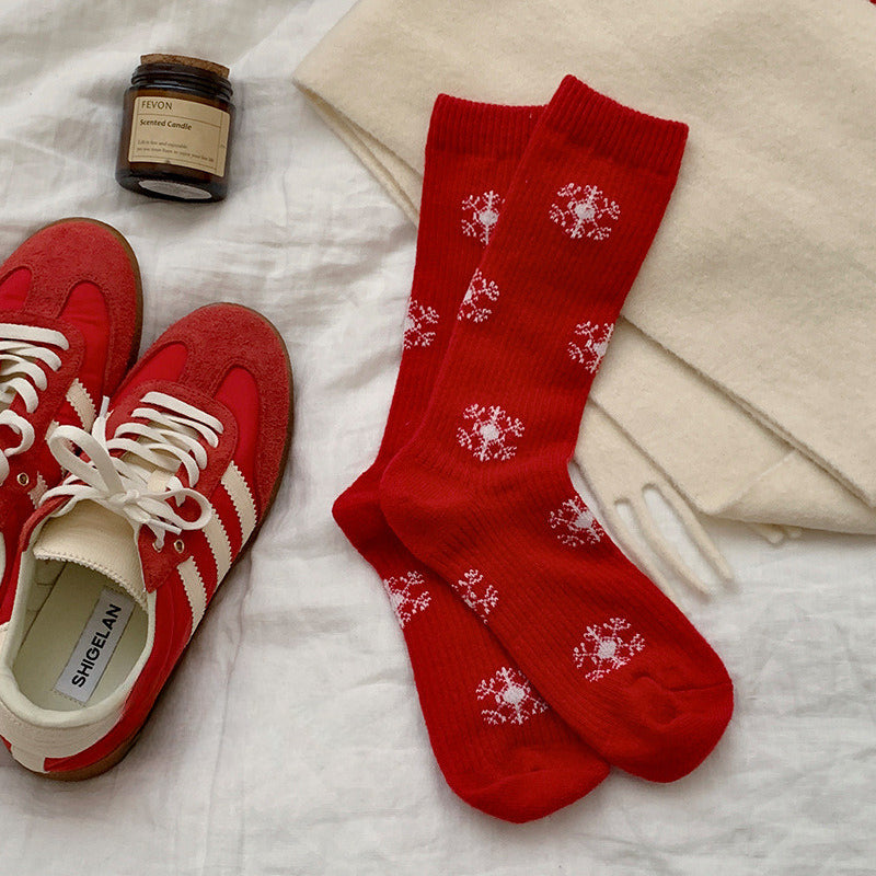 Red Polka Dot Snowflake Fluffy Slouch Socks
