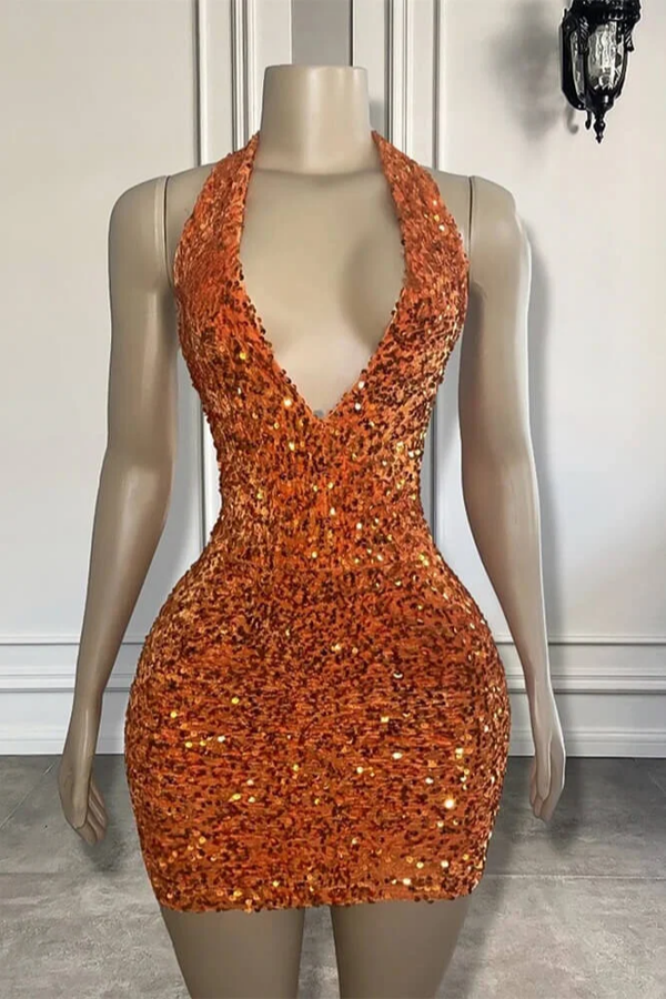 Charming Halter V-neck Backless Sequins Sparkly Homecoming Dress - Fashionpara