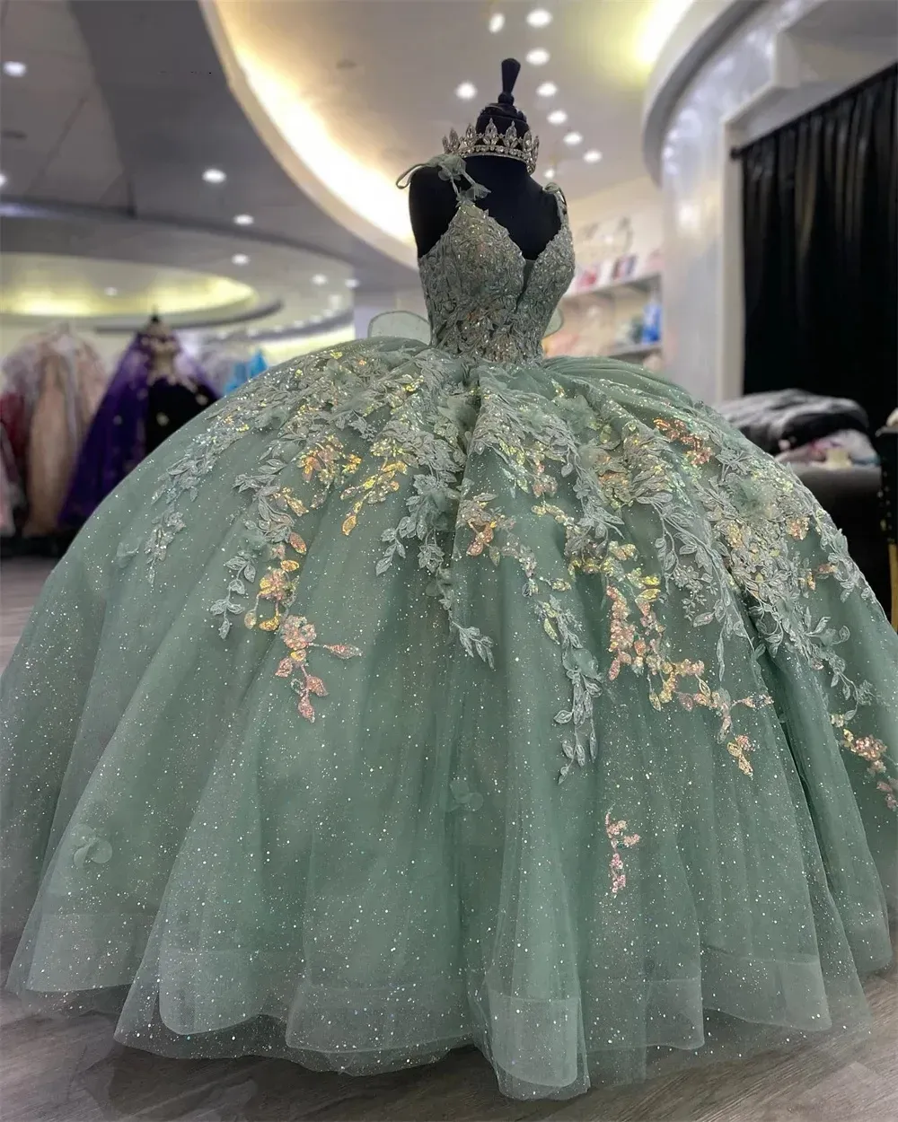 Shimmering Light Green Quinceanera Ball Gown Dress with Corset Style - Fashionpara
