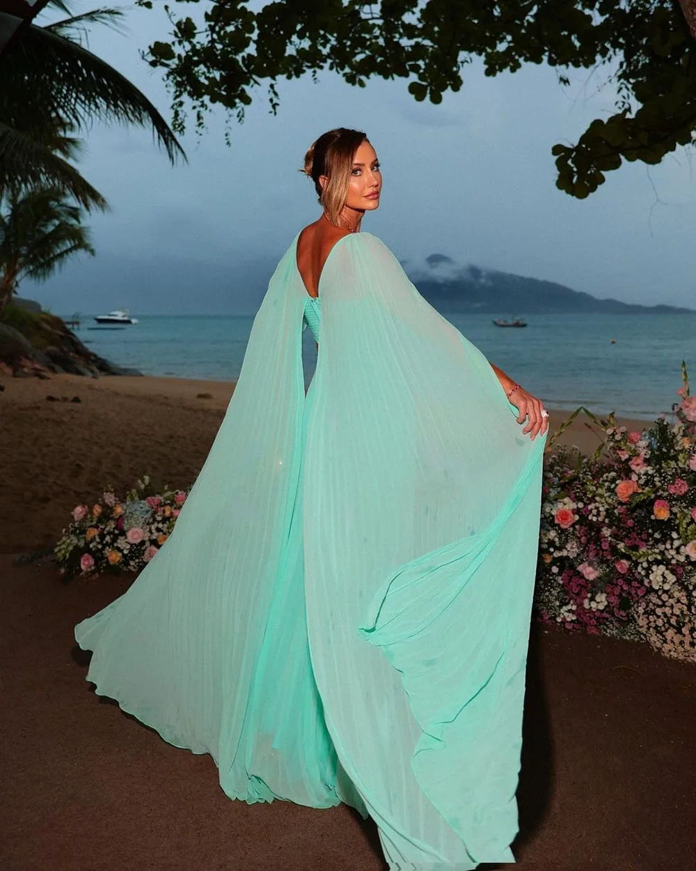 Party Dresses Elegant Mint Green Chiffon Prom Dress A-Line Long Cape Sleeves Floor Length Formal Evening Gowns - Fashionpara