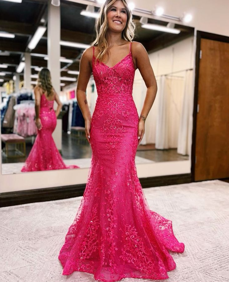 MERMAID EVENING DRESS WITH DEEP V NECKLINE AND SPAGHETTI STRAPS - Fashionpara