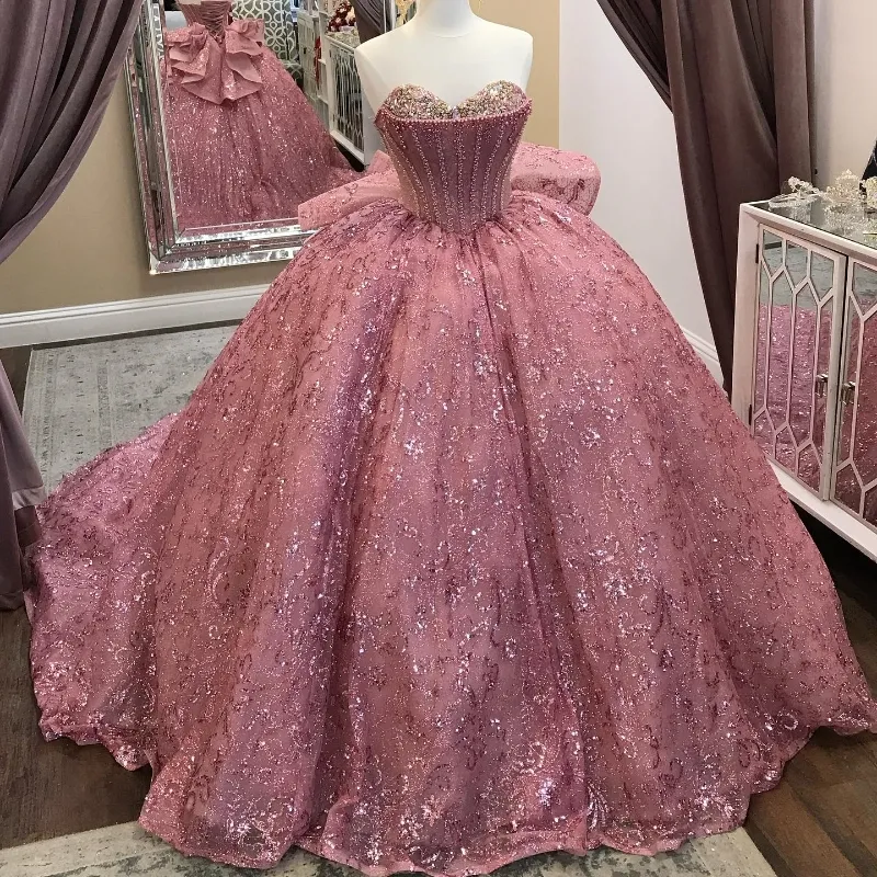 Pink Sequined Ball Gown Quinceanera Off The Shoulder Corset Lace Beads Crystal Sweet 16 Dress - Fashionpara