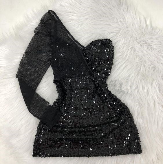 Black One Shoulder Sequins Mini Homecoming Dress - Fashionpara
