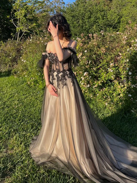 Off The Shoulder A Line Long Prom Dresses Tulle Evening Party Gown - Fashionpara