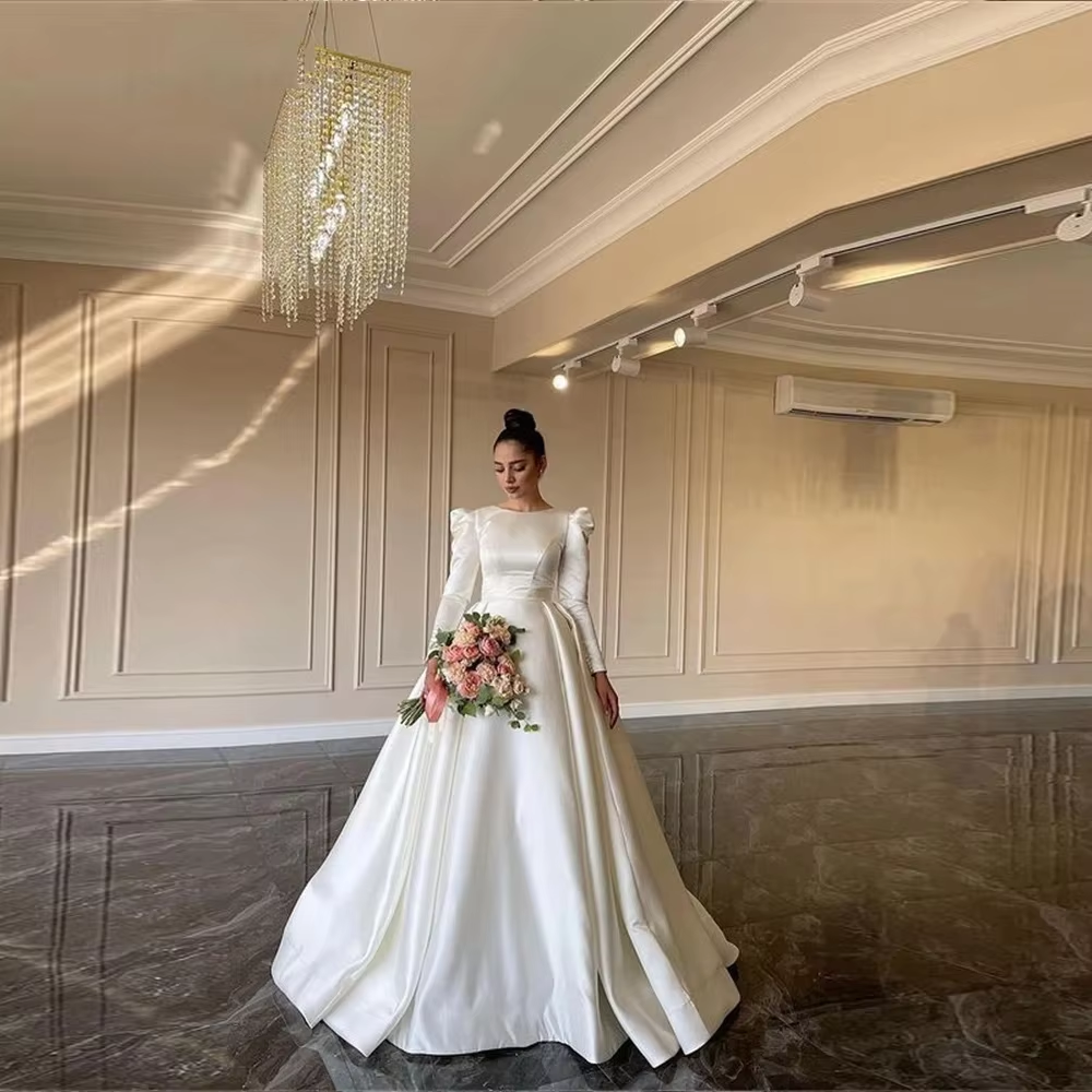 Simple wedding dress with sleeves, satin ball gown