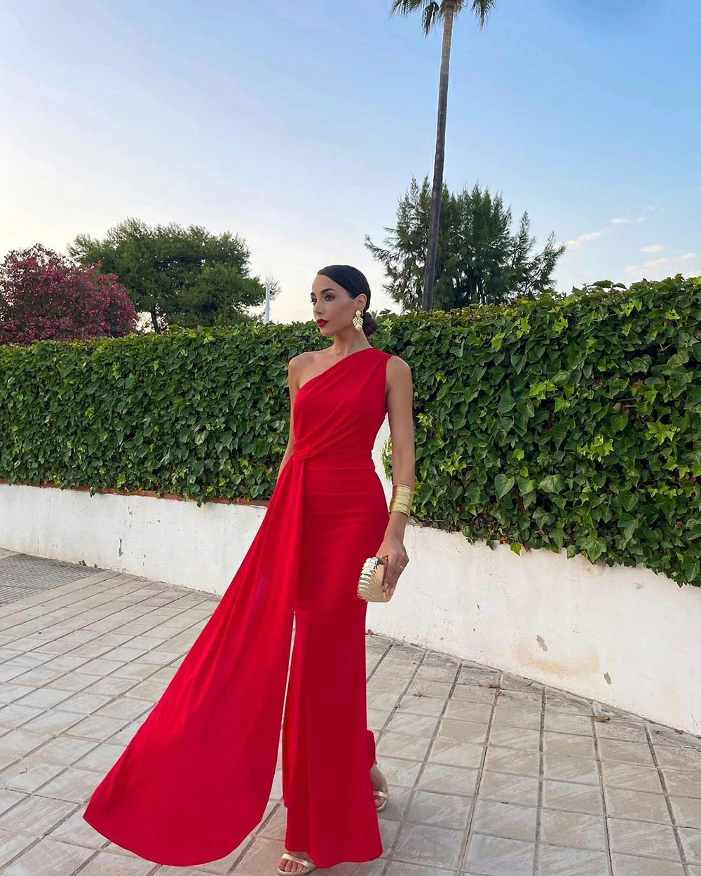 Red Party Dress Elegant Mermaid One Shoulder Prom Dress - Fashionpara