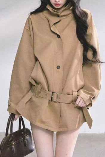 French Hepburn Stand Collar Belted Loose Slim Coat