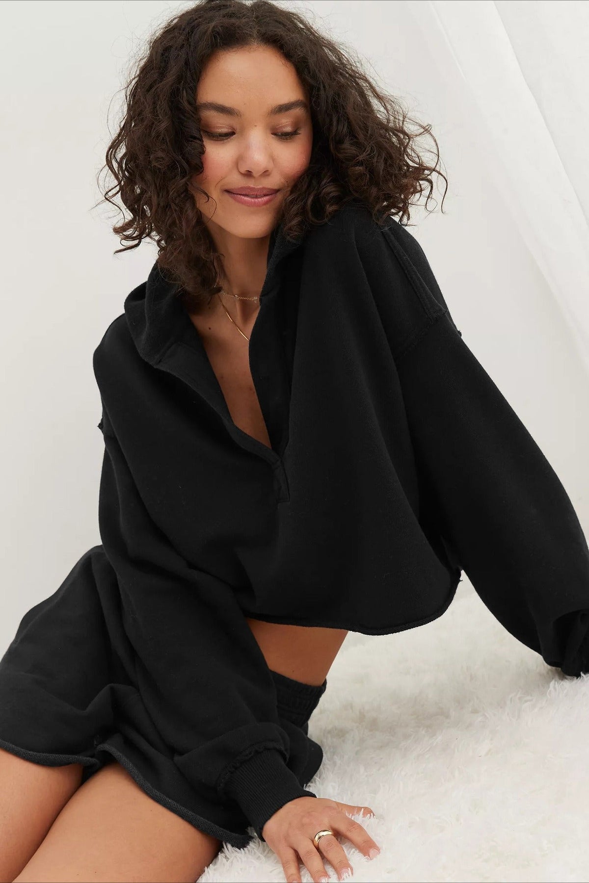 Relaxed V Neck Collared Pullover Sweatshirt