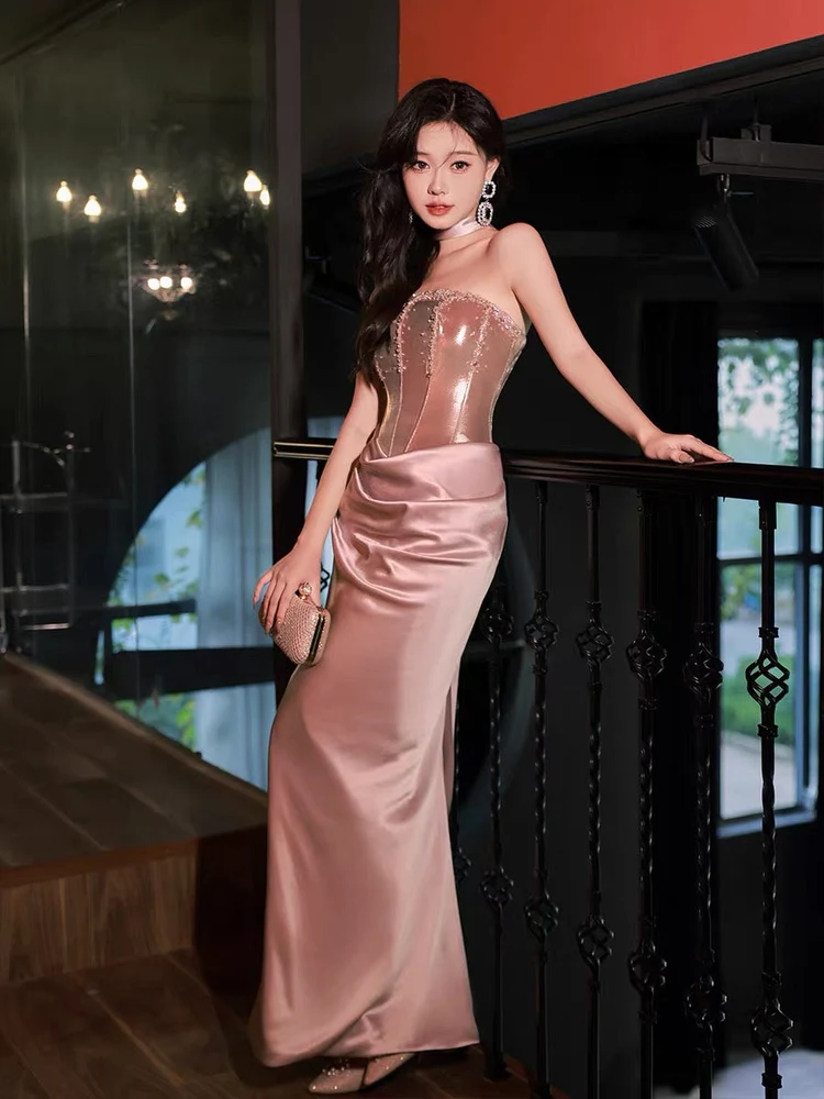 Sexy Rose Gold Party Dresses 2024 Strapless Beading Sleeveless Floor-Length Evening Gown - Fashionpara