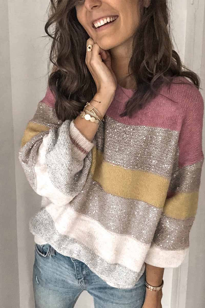 Florcoo Multicolor Loose Round Neck Knit Sweater Top