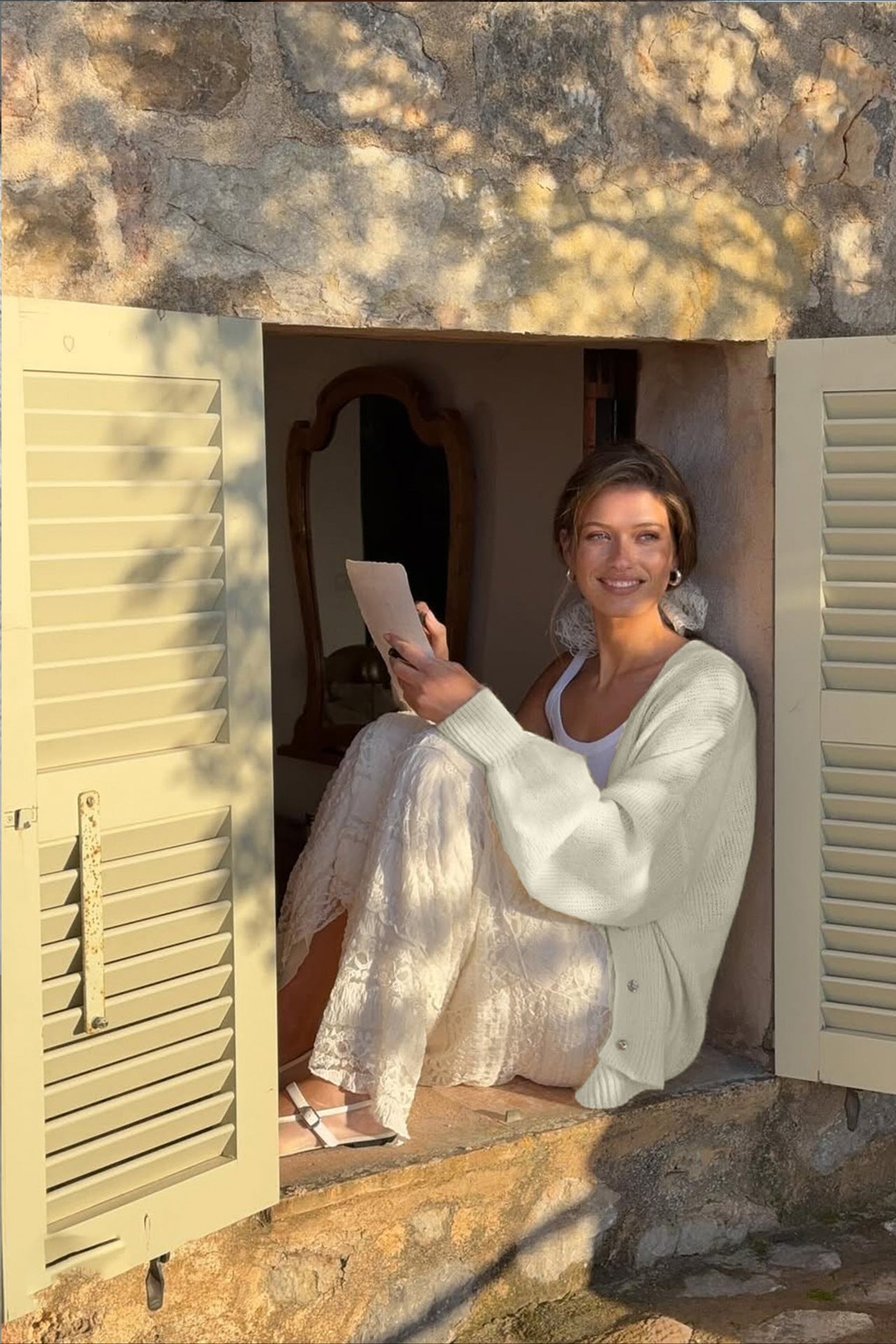 Elegant V-Neck Mohair Lace Bell Sleeve Cardigan for Chic Style