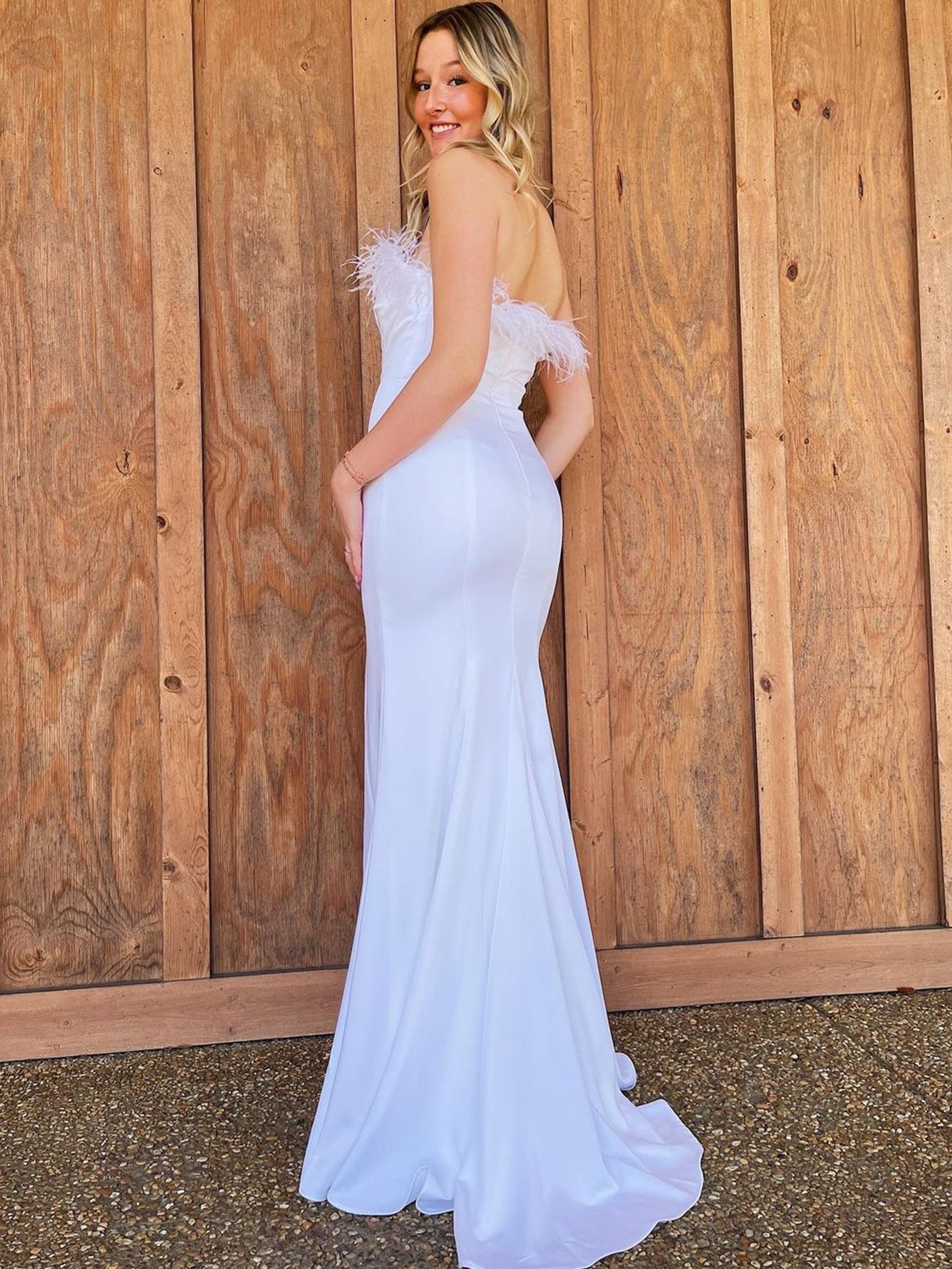 White Feather Long Prom Dress With Slit