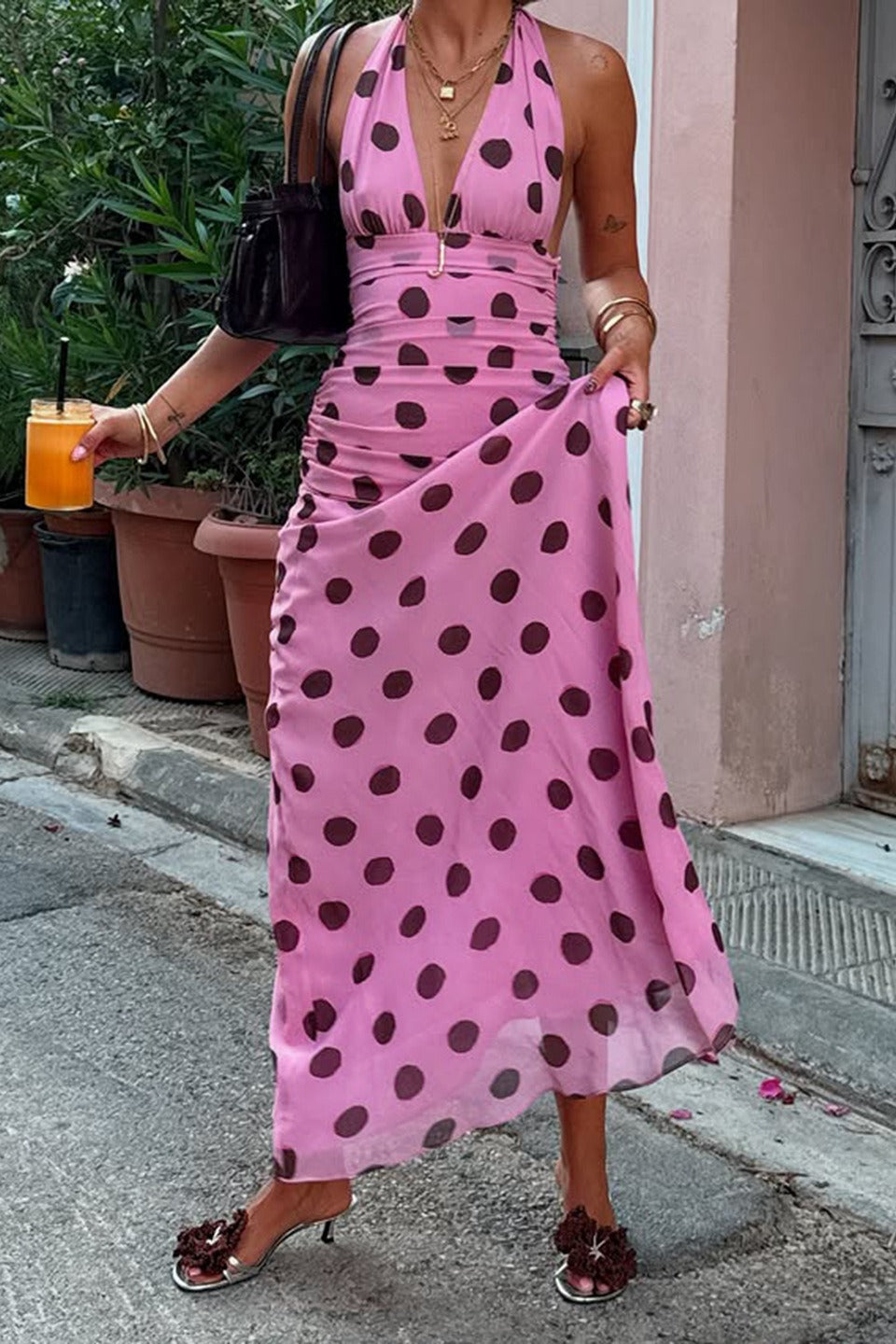 Polka Dot Halter V-Neck Color Block Bodycon Maxi Dress