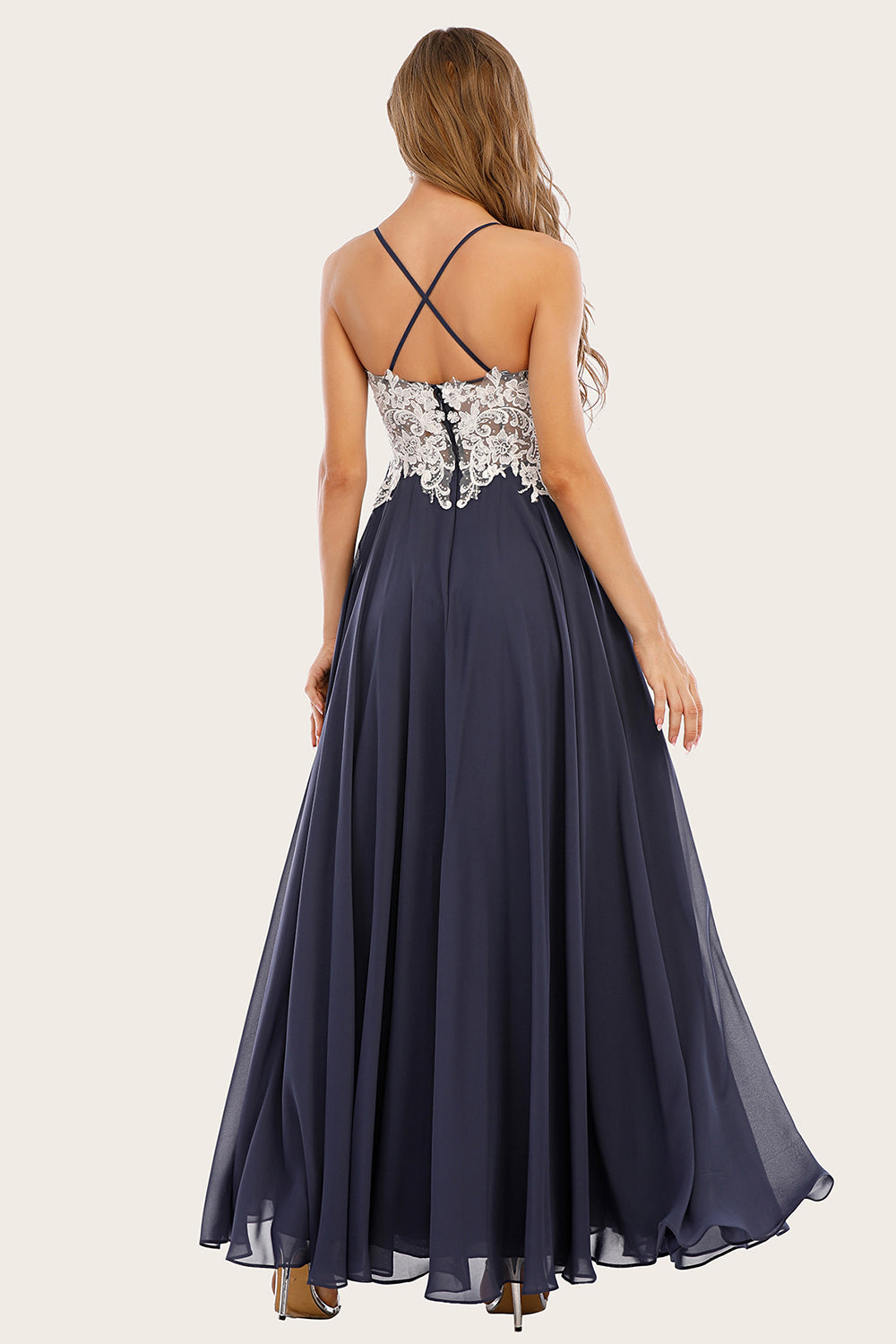 Dusty Blue Long Chiffon Prom Dress with Lace - Fashionpara