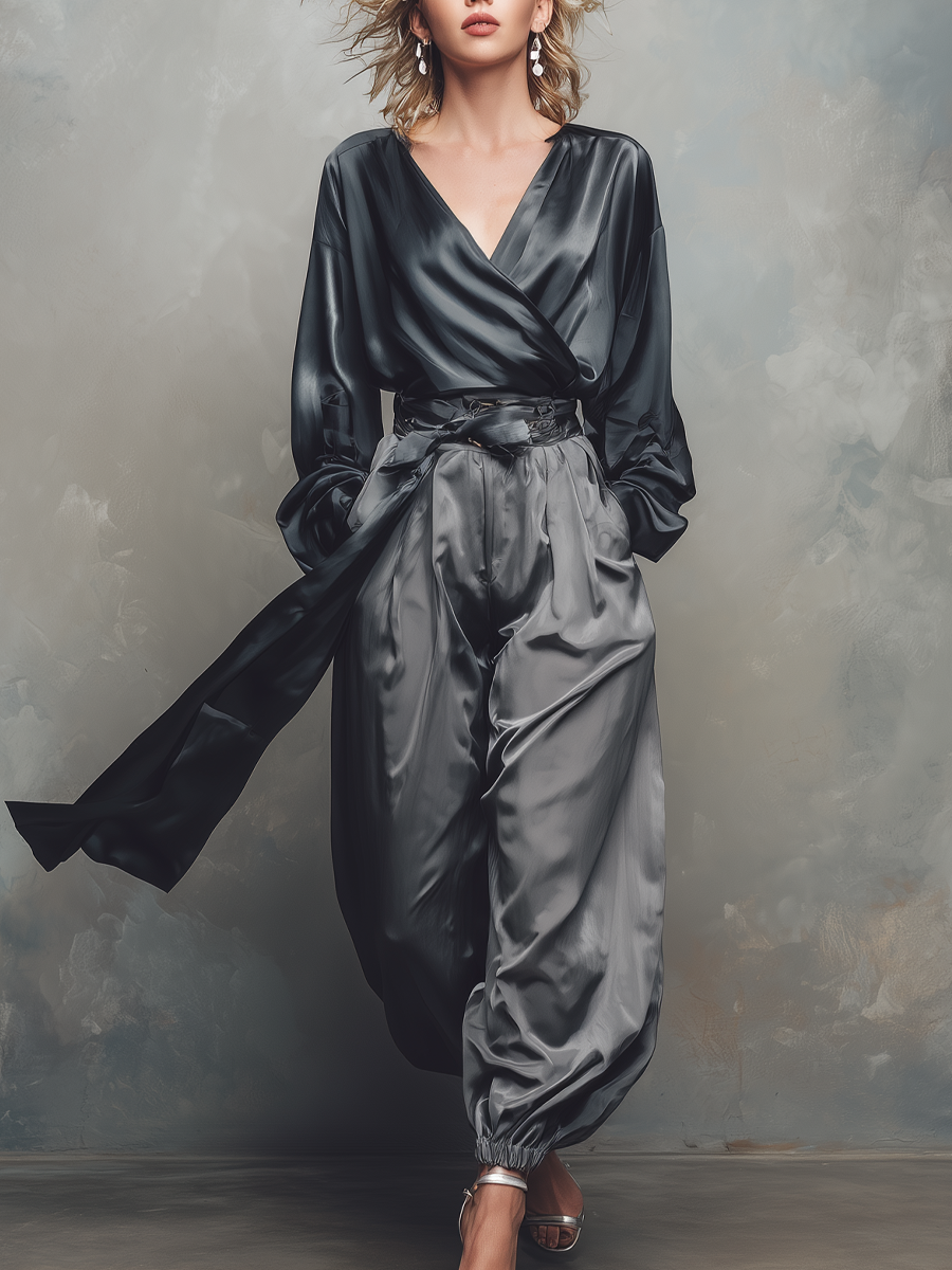 Retro Crossover Neck Blouse And Wide Leg Pants Set - Fashionpara