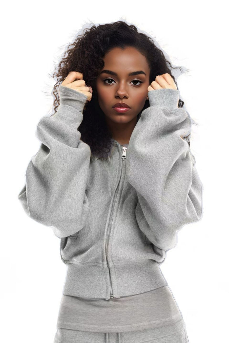 Vintage Gray Fur Collar Zip Hoodie - Fashionpara