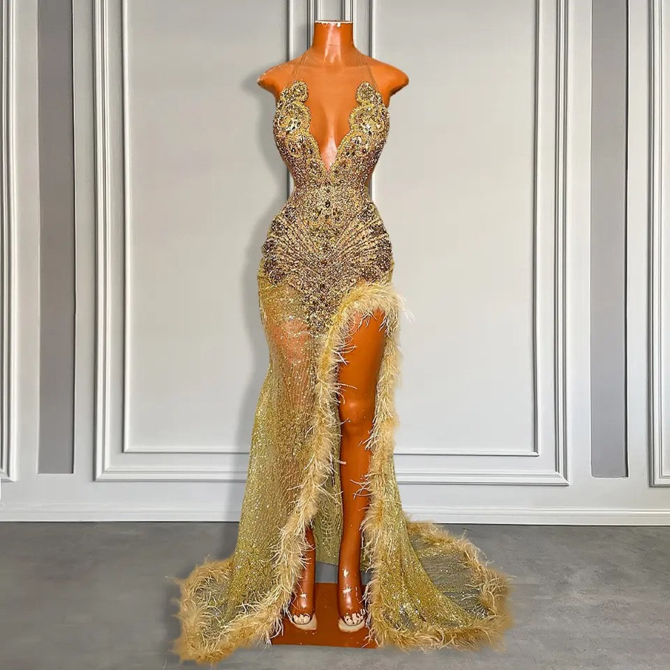 Glamorous Gold Sleeveless Mermaid Long Formal Dresses with Sequins High Slit and Feather Beadings - Fashionpara