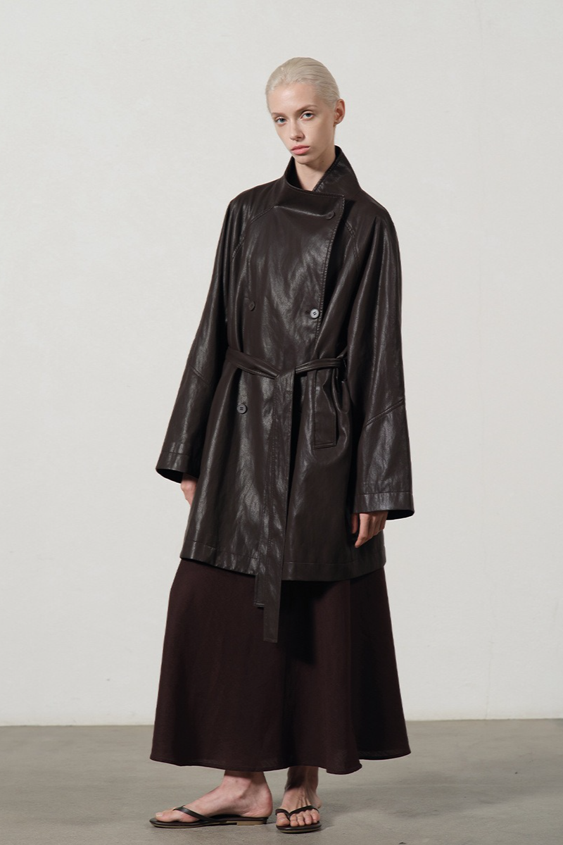 PU Leather Mid Length Trench Style Overcoat - Fashionpara
