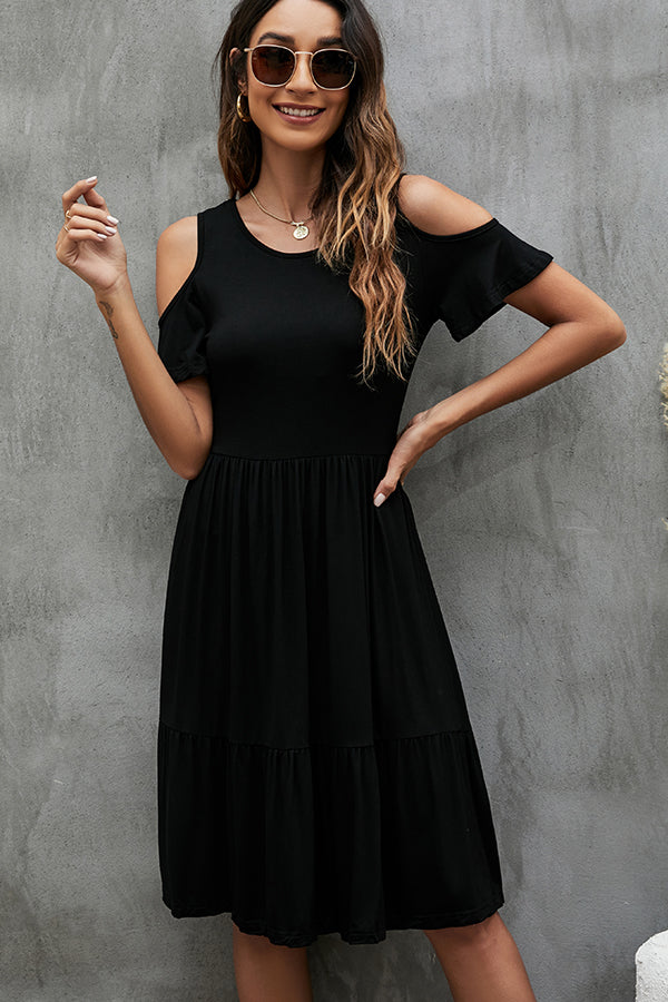 Cold Shoulder Short Sleeve Tiered A-Line Midi Dress