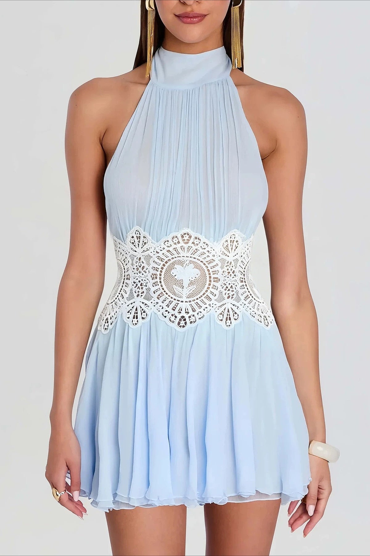 Chiffon Halter Neck Lace Waist Pleated Mini Dress