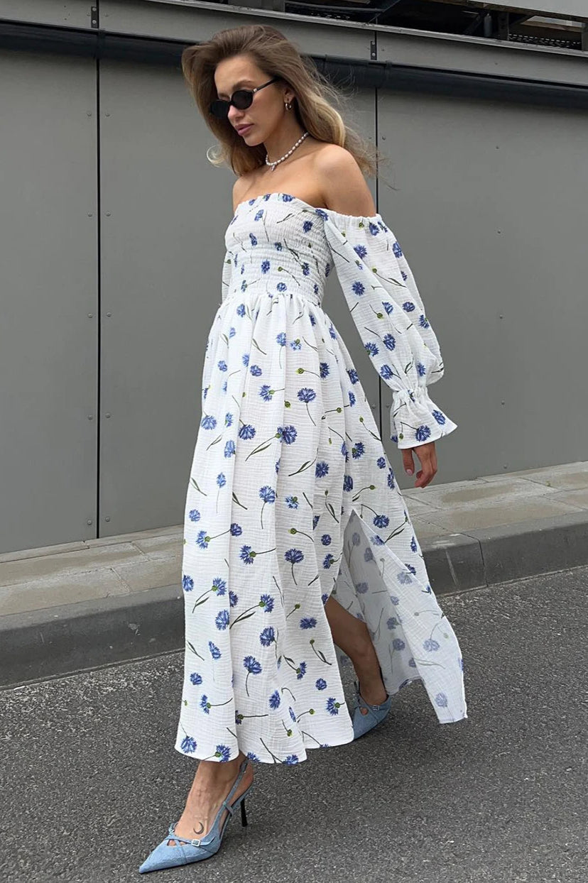 Vintage Ruffle Midi Side Slit Floral Dress