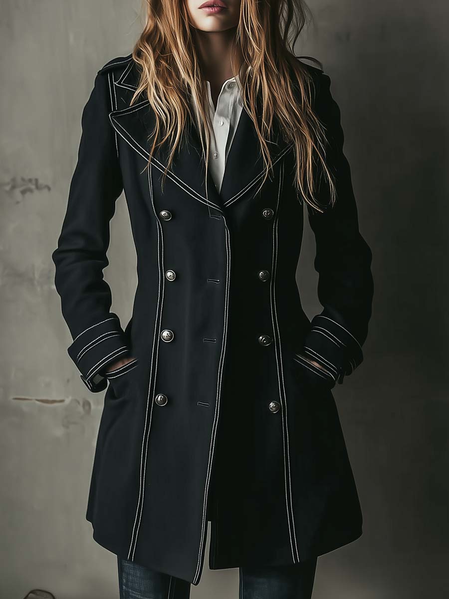 Black Double-Breasted Military Coat With Contrast Stitching - Fashionpara