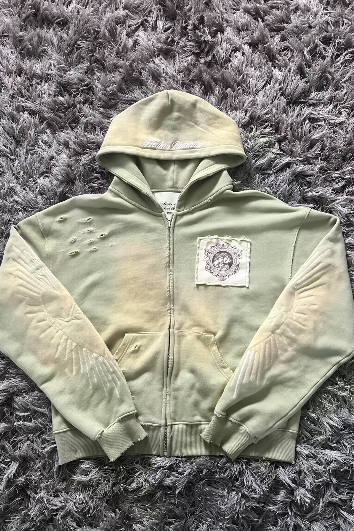 Distressed Wing Graphic Zip Front Hoodie