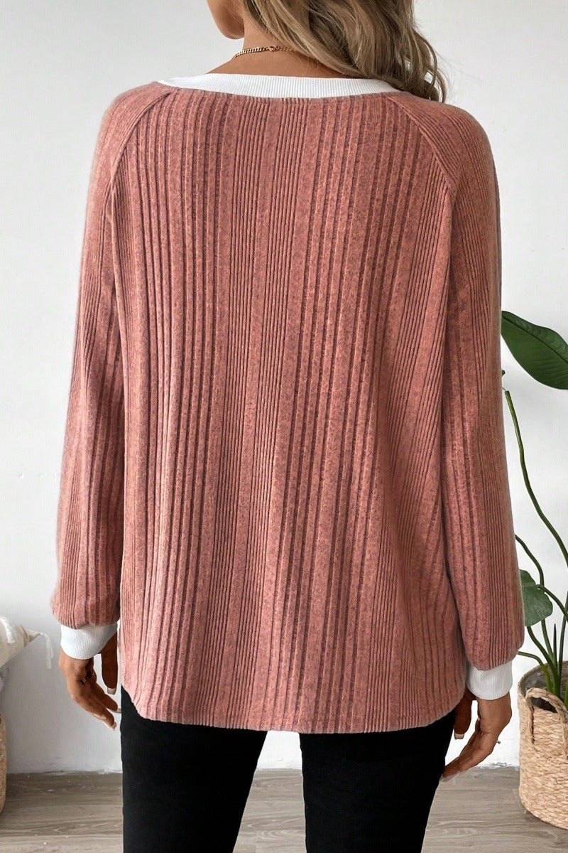 Ribbed Contrast Trim Crew Neck Knit Sweater