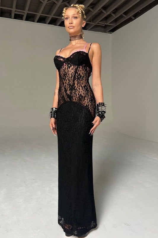 Backless Lace Sheer Mesh Maxi Dress