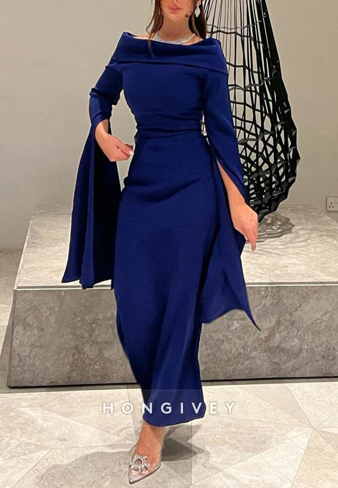 Off the Shoulder Column Long Sleeve Evening Formal Dresses