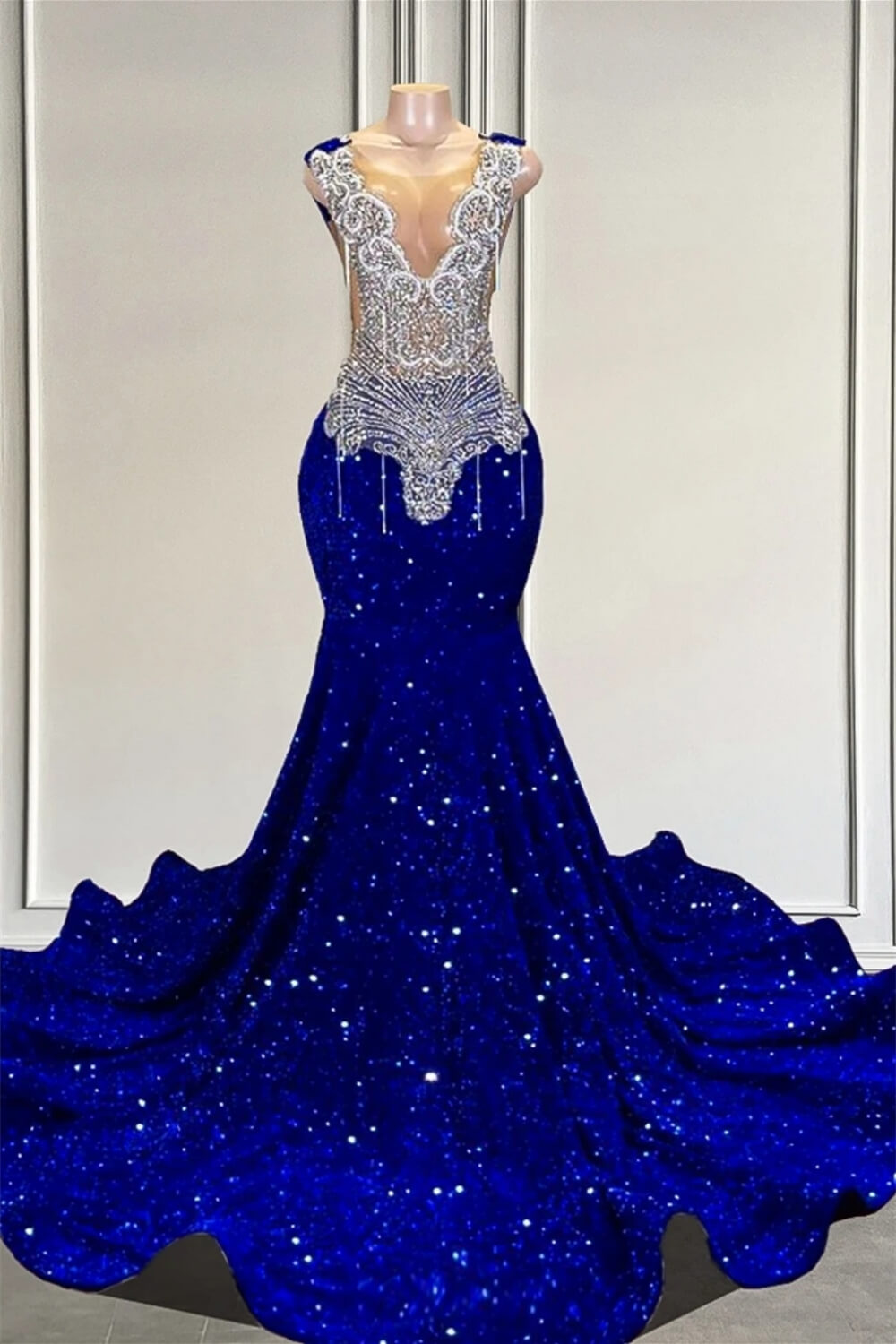 Fabulous Royal Blue Sleeveless Long Mermaid Prom Dresses with Beads and Sequins - Fashionpara