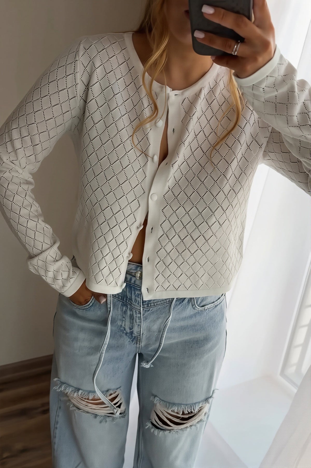 Pointelle Round Neck Button Cardigan