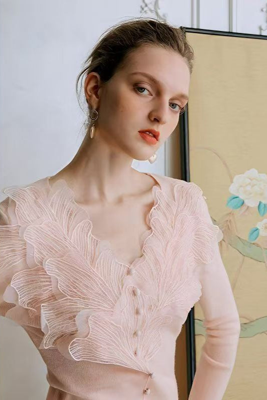 3D Floral Lace V-Neck Knit Top