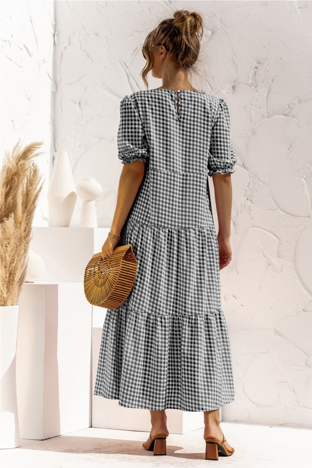 Puff Sleeve Polka Dot Plaid Patchwork Long Dress - Fashionpara