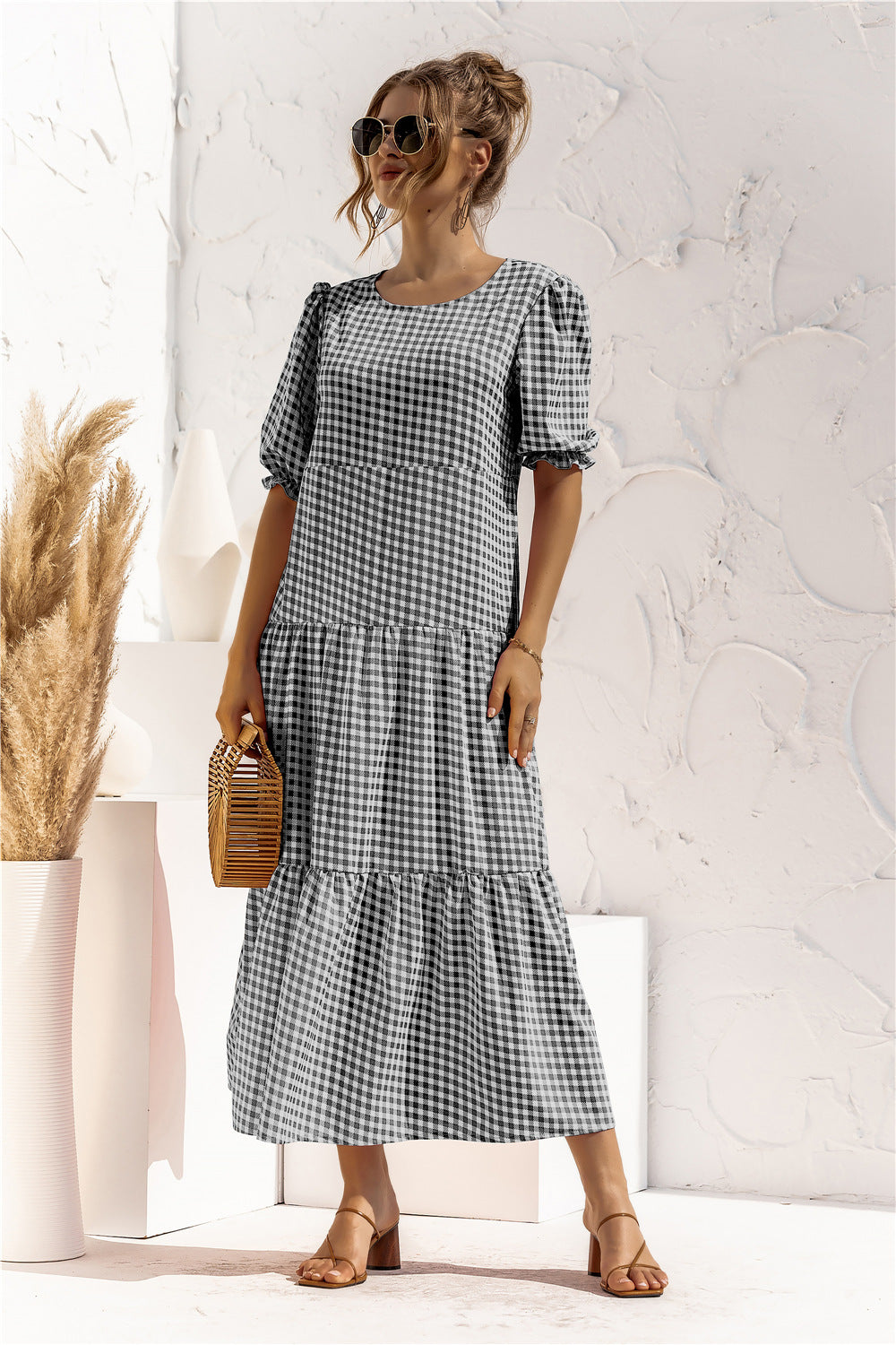 Puff Sleeve Polka Dot Plaid Patchwork Long Dress - Fashionpara