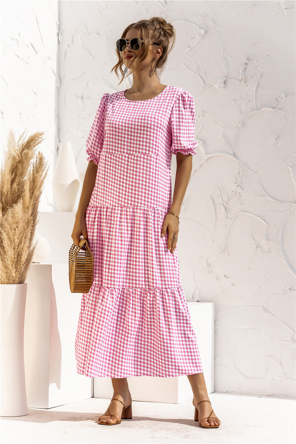 Puff Sleeve Polka Dot Plaid Patchwork Long Dress - Fashionpara