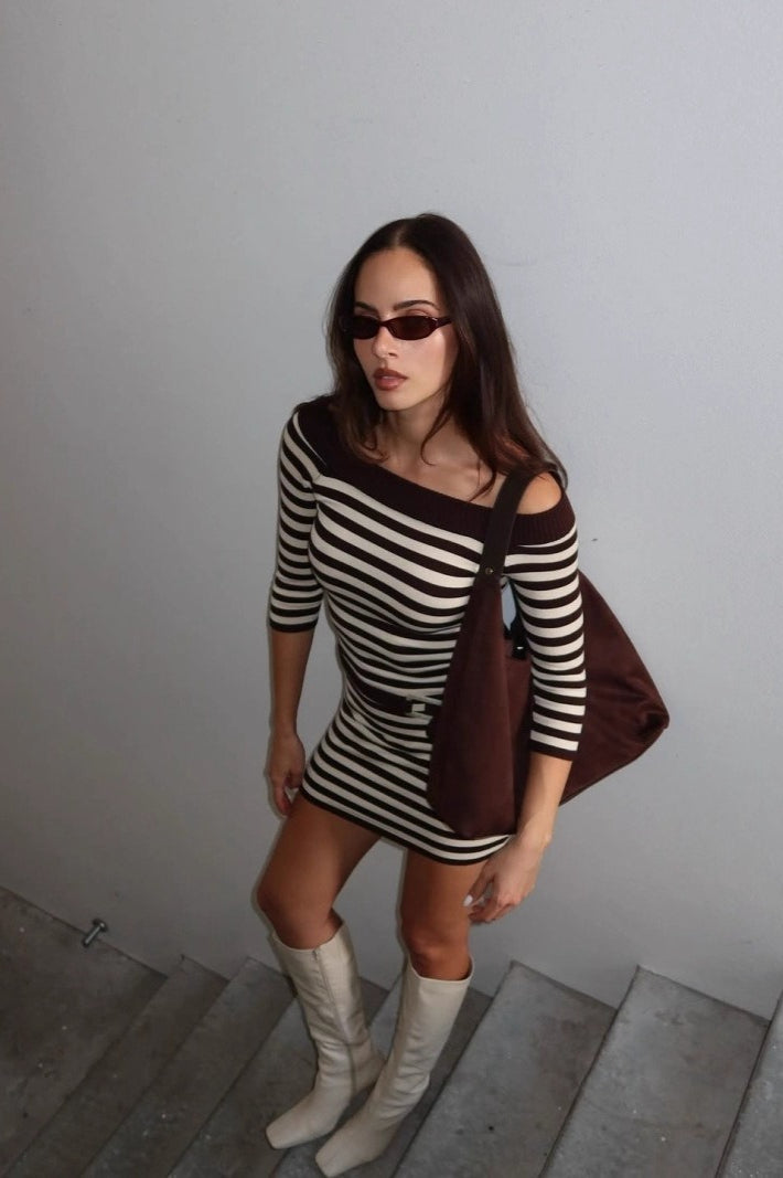 Striped Knit Off-Shoulder Belted Bodycon Mini Dress