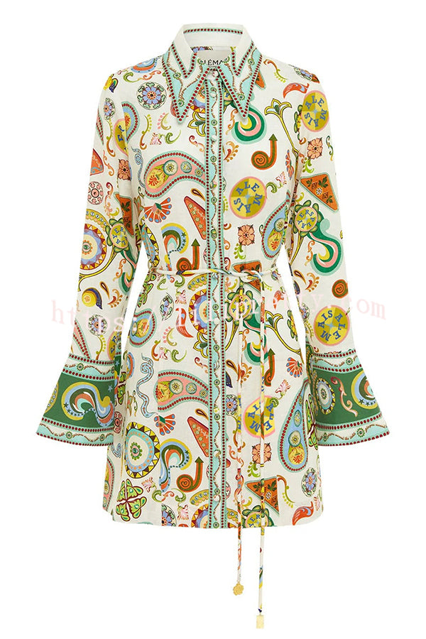 Mila Linen Blend Unique Print Shaped Collar Tie-up Waist Shirt Mini Dress - Fashionpara