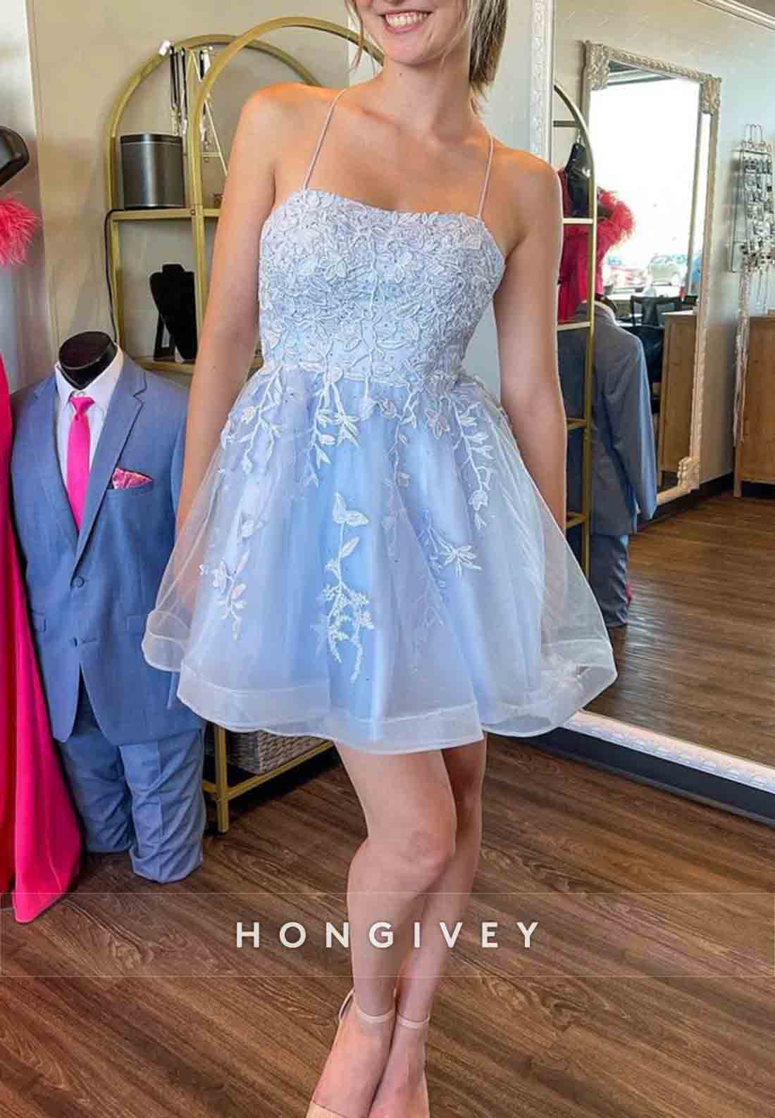 Halter Spaghetti Straps A-Line Sleeveless Crisscross Back Appliqued Homecoming Dresses