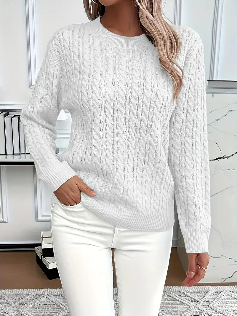 Crew Neck Long Sleeve Cable Knit Sweater 2