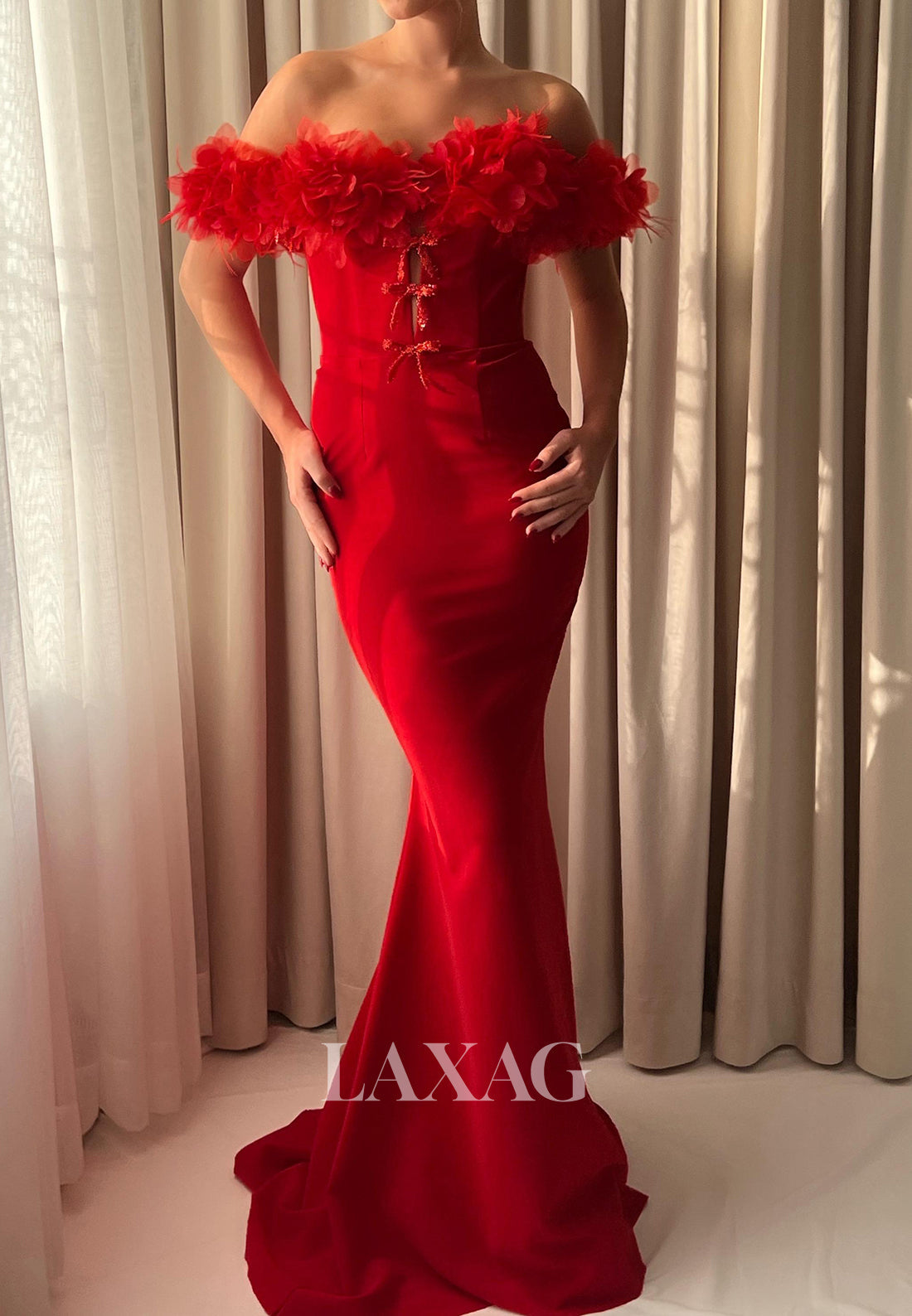 Floral Embellished Tube Top Off-Shoulder Evening Gowns Sleeveless Satin Mermaid Prom Dress