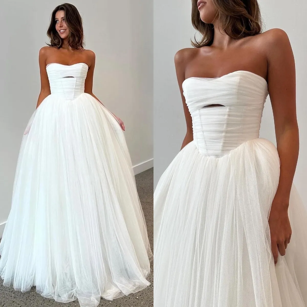 Elegant Boho Tulle Wedding Dress with Strapless Bodice