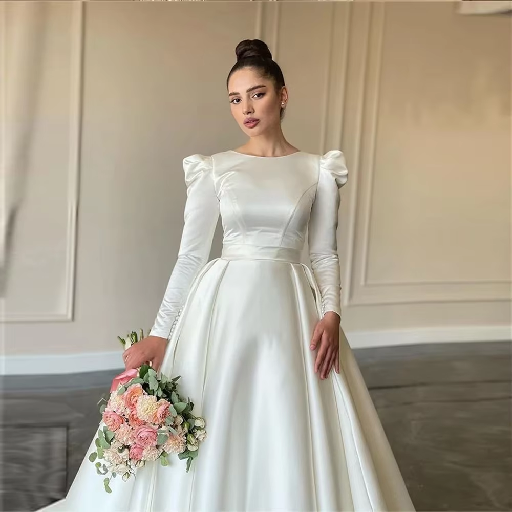 Simple wedding dress with sleeves, satin ball gown