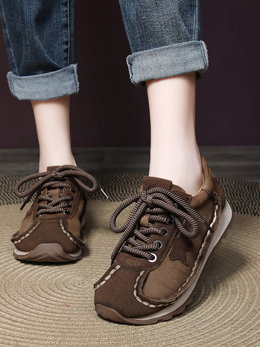 Retro Leather Colorblock Low Heel Sport Shoes