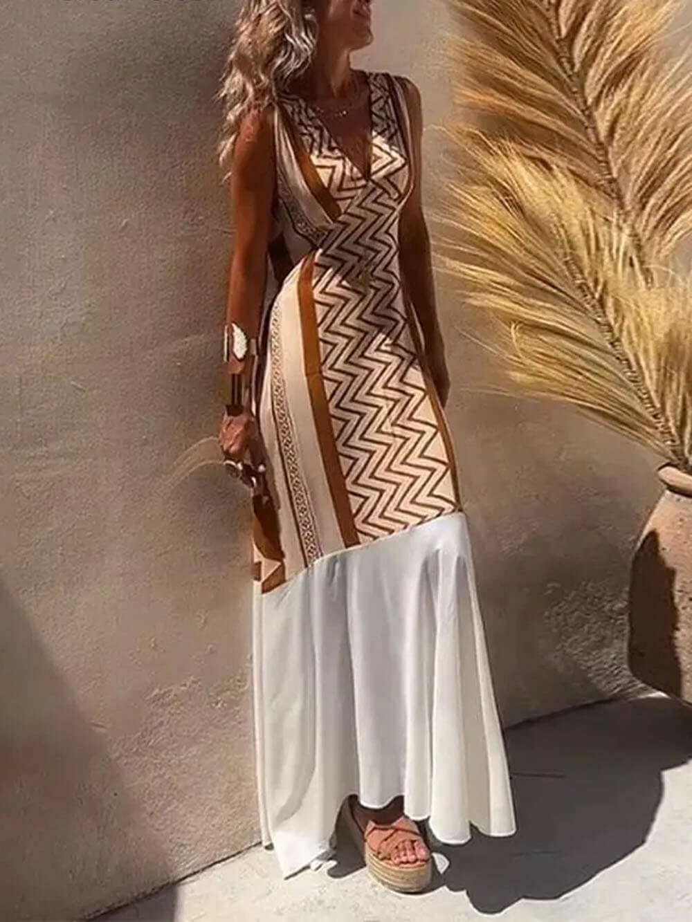 Ethnic Print Patchwork A-line Maxi Dress - Fashionpara