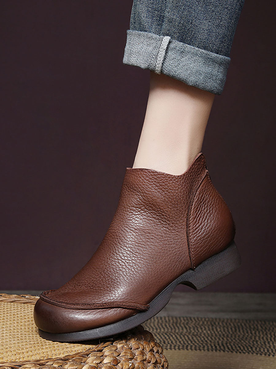 Elegant Solid Leather Spliced Low Heel Boots