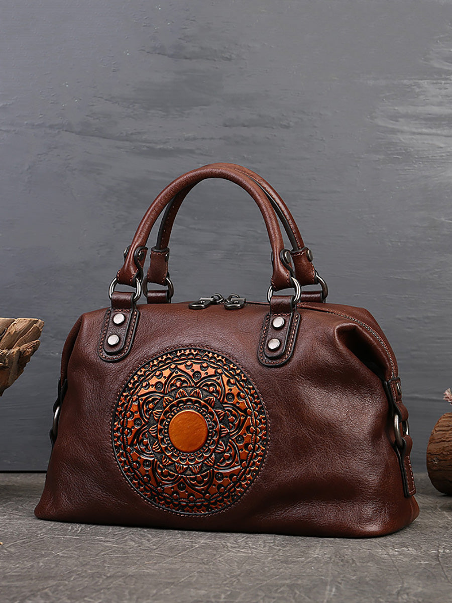 Leather Flower Spliced Capacity Hand Bag Shoulder Bag