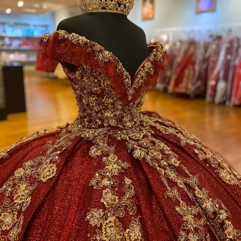 Dark Red Sequins Quinceanera Dresses 2024, Lace Up Ball Gown Prom Gowns - Fashionpara